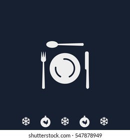 Cutlery set of fork, spoons and knife with Plates. Top view illustration.