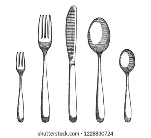 cutlery set of forks and spoons, knives vector. hand drawing isolated illustration.