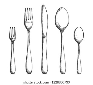cutlery set of forks and spoons, knives vector. hand drawing isolated illustration.