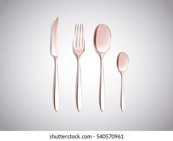 Cutlery Set of Golden, copper Forks Spoons and Knifes Top View Isolated on White Background. Table Setting.
