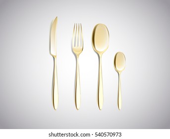 Cutlery Set of Golden Forks Spoons and Knifes Top View Isolated on White Background. Table Setting.