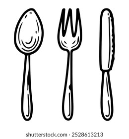 Besteck Set handgezeichnete Doodle. Löffel, Gabel, Messer zum Essen. Geschirr. Küchengeräte. Esstisch-Einstellung. Illustration der Vektorskizzenstraße.