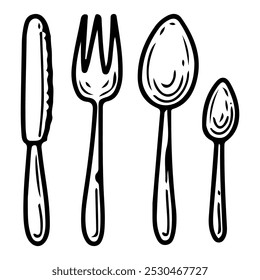 Besteck Set handgezeichnete Doodle. Esslöffel, Gabel, Messer, Dessertlöffel zum Essen. Geschirr. Küchengeräte. Esstisch-Einstellung. Illustration der Vektorskizzenstraße.