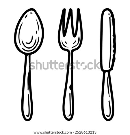 Cutlery set hand drawn doodle. Spoon, fork, knife for eating food. Tableware. Kitchen utensils. Dining table setting. Vector sketch line art illustration.