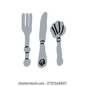 Besteckset. Handgezeichnete Gabel, Tischmesser, schalenförmiger Löffel. Geschirr Werkzeuge, Utensilien, Essgeschirr in einfachen doodle whimsical Kinderstil. Flache Vektorgrafik einzeln auf weißem Hintergrund