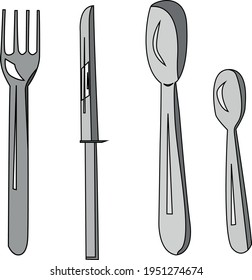 Cutlery. The set includes. Fork, Large spoon, small spoon, Knife. Vector image. Illustration