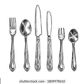 Cutlery set. Isolated flat hand drawn kitchen steel fork, spoon, knife sketches collection. Table setting, silverware, cutlery set vector illustration