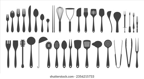 Juego de cubiertos. Silueta de utensilios de cocina en blanco. Ilustración del vector