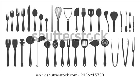 Cutlery set. Kitchenware silhouette on white. Vector illustration
