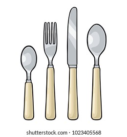 Cutlery set with knife, two spoons and fork. Vector color vintage engraving illustration for menu, poster, label. Isolated on white background