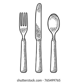 Cutlery set with knifes, spoon and fork. Vector black vintage engraving illustration for menu, poster, label. Isolated on white background