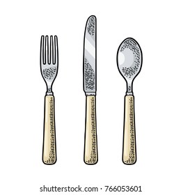 Cutlery set with knifes, spoon and fork. Vector color vintage engraving illustration for menu, poster, label. Isolated on white background