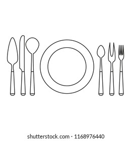 Cutlery set line icon isolated on white background. Outline thin black dinner equipment vector.