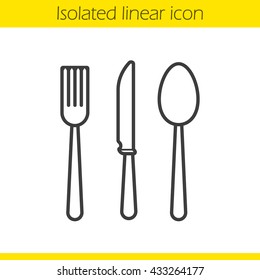 Cutlery set linear icon. Thin line illustration. Fork, spoon and knife contour symbol. Vector isolated outline drawing