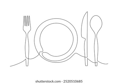 Cutlery set on a plate featuring a fork, spoon and knife, A continuous one line of fork, spoon, plate and knife Cartoon doodle hand drawing isolated on white background, Vector Illustration design	