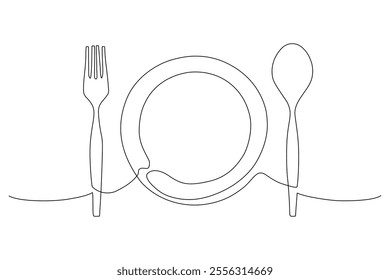 Cutlery set on a plate featuring a fork, spoon, A continuous one line of dishware, Spoon, dish, fork, Cartoon hand drawing isolated on white background, Vector Illustration , Editable stroke