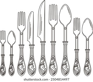 Cutlery set. Ornate vintage silverware. Antique engraved icons