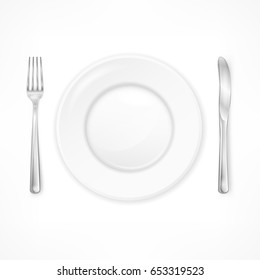 Cutlery set plate, forks and knifes, on white, vector illustration for restaurant