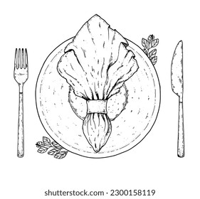Cutlery set. Plate with napkin, fork and knife sketch. Top view. Hand drawn vector illustration. Vintage sketch. Table setting.