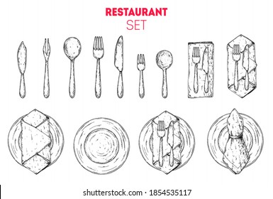 Cutlery set. Plate with napkin, spoon, fork and knife sketch. Top view. Hand drawn vector illustration. Vintage sketch. Table setting.