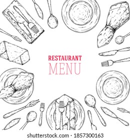 Cutlery set. Plate with napkin, spoon, fork and knife sketch. Top view. Hand drawn vector illustration. Vintage sketch. Table setting.