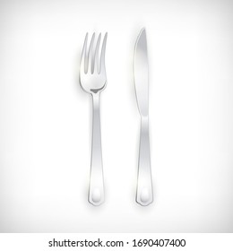 Cutlery set of silver fork and knife. Table Setting isolated on vignette background. Top view elements for web designs. Vector illustration. 