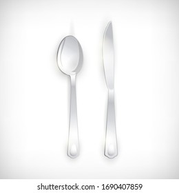  Vektorillustration. Silberlöffel und Messer. Tischeinstellungen einzeln auf Vignettenhintergrund. Elemente mit Draufsicht für Webdesigns. 