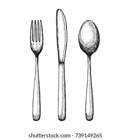 Cutlery Set Sketch. Spoon Fork And Knife Vector. Illustration Isolated