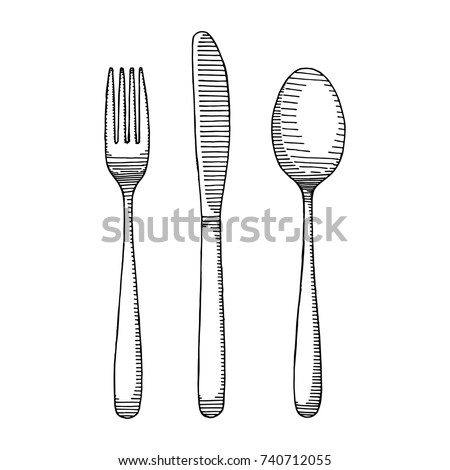 cutlery set sketch. Spoon fork and knife vector illustration isolated black
