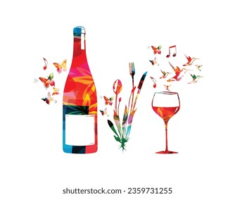 Cutlery set, spoon, fork and knife with wine bottle and glass. Colorful tableware design for restaurant poster, restaurant menu, wine tasting, music events