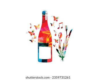 Cutlery set, spoon, fork and knife with wine bottle. Colorful tableware design for restaurant poster, restaurant menu, wine tasting, music events