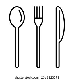 Cutlery set spoon of fork and knife isolated on white. Restaurant and cafe. Kitchen pictogram symbol. Simple thin line black and white vector icon