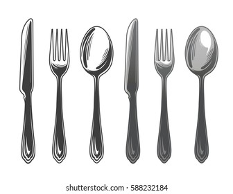 Cutlery set spoon, fork and knife. Tableware, top view. Vector illustration