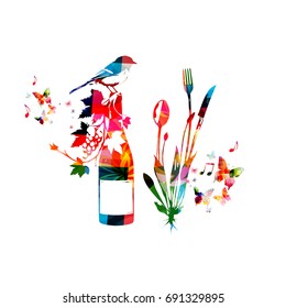 Cutlery set, spoon, fork and knife with wine bottle isolated vector illustration. Colorful tableware design for restaurant poster, restaurant menu, wine tasting, events
