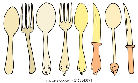 Cutlery set of spoon, fork and knives. vector doodle elements for your design