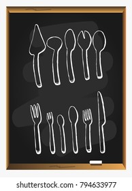 Cutlery set spoons on blackboard background. Vector hand drawn illustration. Sketch. Vintage illustration. forks and knifes, top view. Table Setting.