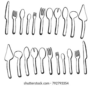 Cutlery set spoons on white background. Vector hand drawn illustration. Sketch. Vintage illustration. forks and knifes, top view. Table Setting.