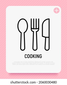 Cubertería establece un icono de línea delgada. Horquilla, cuchillo, cuchara. Cocina. Ilustración vectorial moderna.