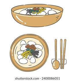 Cutlery set and Tteokguk(rice cake soup) illustration.