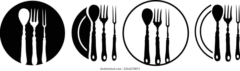 Cutlery set of vector icons. fork knife and spoon simple sign