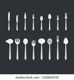 Cutlery set vector illustration for restaurant menu or food design. Kitchen equipment for cooking in flat vector style.