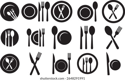  Cutlery Set Vector Illustration – Spoon, Fork, Knife, and Plate Full Dinner Table Setting.