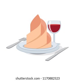 Cutlery set with wineglass, plate, napkin icon flat style. Serving in the restaurant. Isolated on white background. Vector illustration.