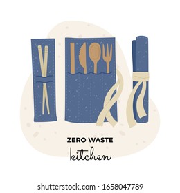 Cutlery set of wooden Chinese chopsticks, straw, knife, spoon and fork. Zero waste, recycle material. Vector illustration