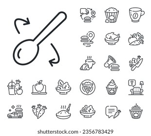 Cutlery sign. Crepe, sweet popcorn and salad outline icons. Cooking spoon line icon. Food mix symbol. Cooking spoon line sign. Pasta spaghetti, fresh juice icon. Supply chain. Vector