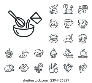 Cutlery sign. Crepe, sweet popcorn and salad outline icons. Cooking whisk line icon. Food mix symbol. Cooking whisk line sign. Pasta spaghetti, fresh juice icon. Supply chain. Vector