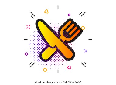 Cutlery sign. Halftone circles pattern. Food icon. Fork, knife symbol. Classic flat food icon. Vector