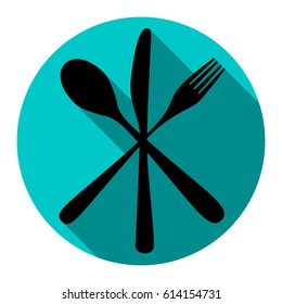 Cutlery sign illustration. Vector. Flat black icon with flat shadow on royal yellow circle with white background. Isolated.
