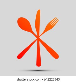 Cutlery sign illustration. Vector. Orange, red-yellow icon with shadow on gray background.