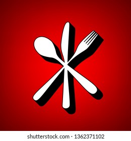 Cutlery sign illustration. Vector. Perspective view of white icon with black outline at reddish background.